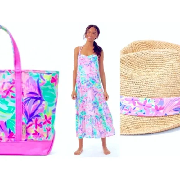 NWT LILLY PULITZER WINNI COVER-UP/ MERCATO TOTE/HAT SET IT WAS ALL A DREAM FIRM - Picture 7 of 10